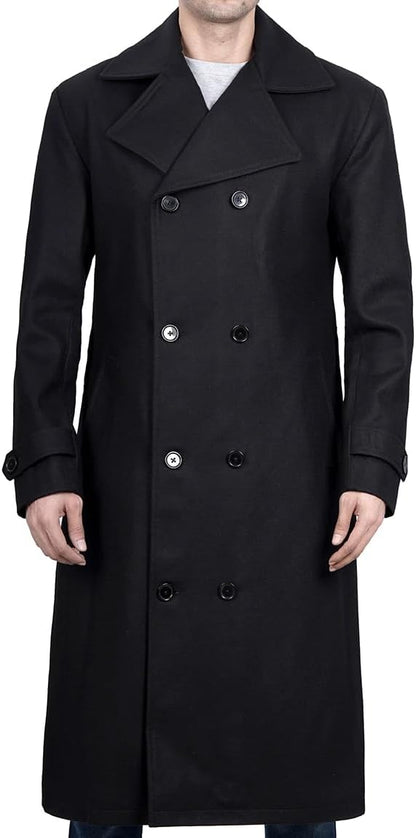 Men's Wool Trench Black Double Breasted Peacoat Winter Slim Fit Jacket Long Premium Overcoat