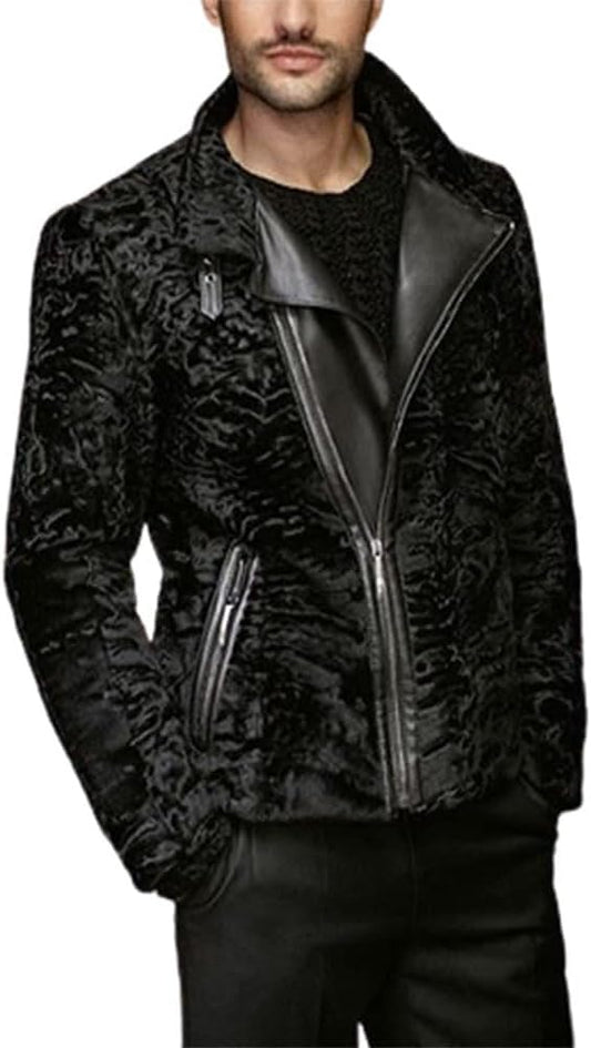 Men's Real Black Karakul Persian Lamb Fur Coat Winter Jacket with Zipper