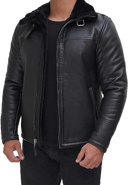 Black Real Shearling Sheepskin Bomber Aviator Flight Distressed Leather Jacket