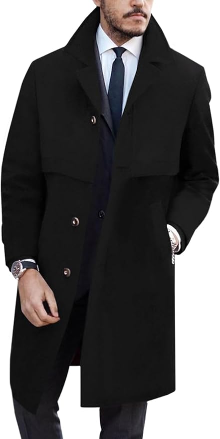 Men's Trench Coat Slim Fit Notched Collar Fall Winter Single Breasted Long Warm Soft Overcoat