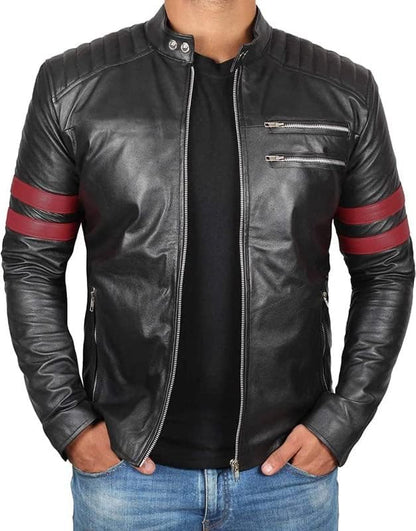 Mens Genuine Black Lambskin Motorcycle Leather Jacket Biker Coat