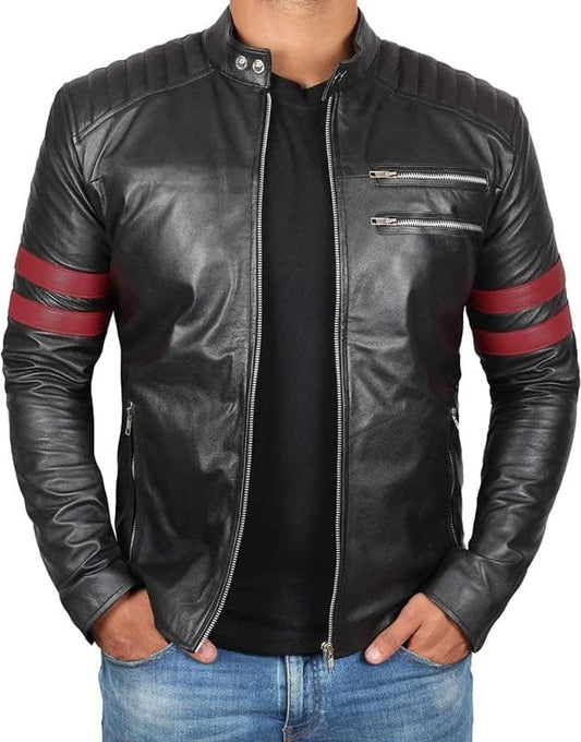 Men's Genuine Black Lambskin Motorcycle Leather Biker Coat - All Season Outwear Racer Classic Jacket