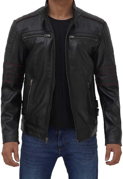 Men Real Biker Leather Lambskin Cafe Racer Black Jacket