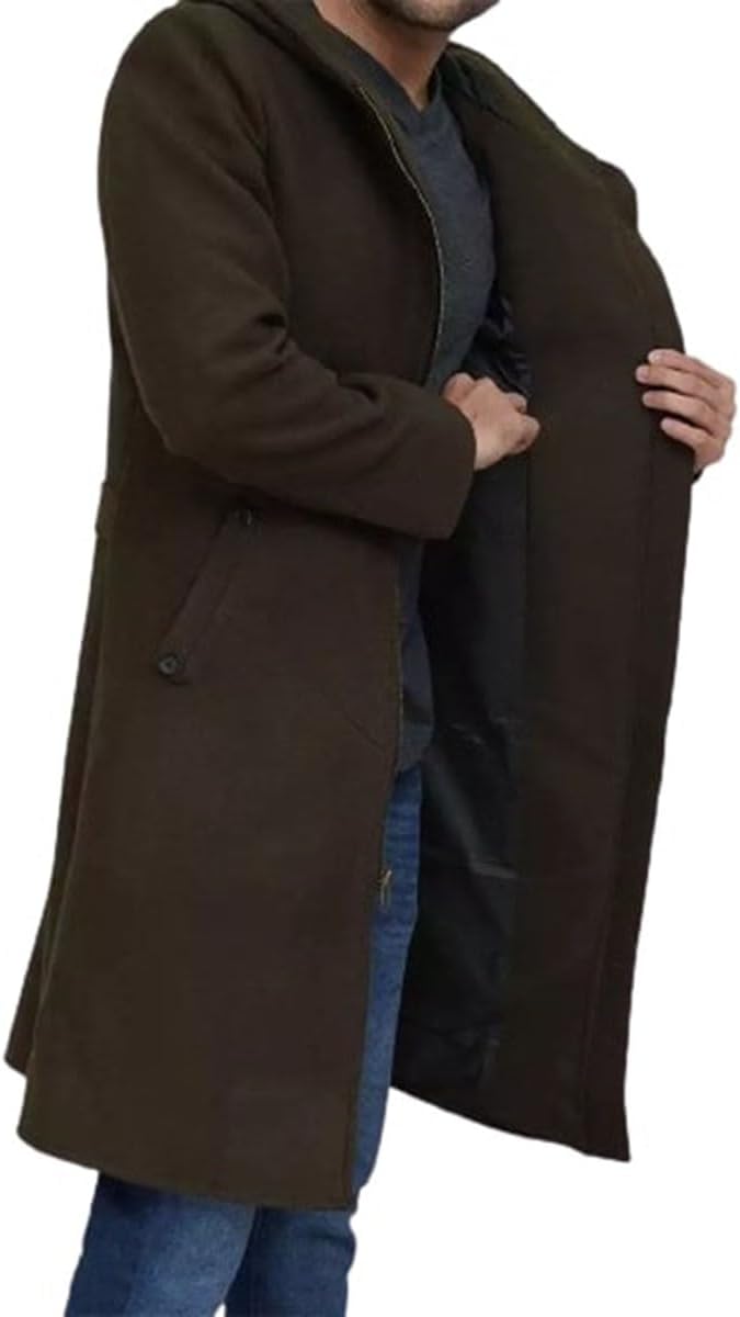 Men's Winter Olive Green Long Hooded Wool Classic Warm Premium Trench Overcoat