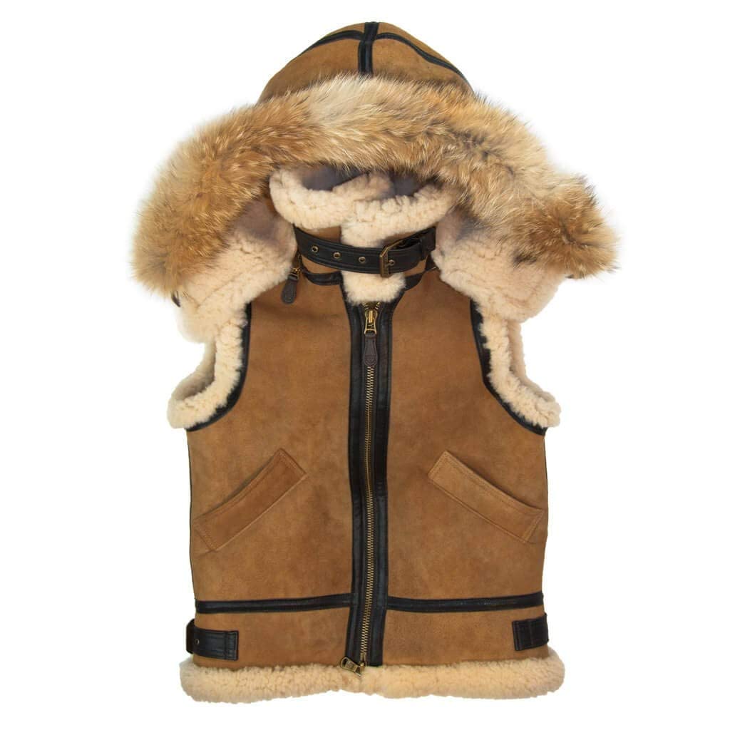 ZA Fashion Cloud B3 Bomber Shearling Sheepskin Flying Aviator Pilot Removable Hood Fur Leather Vest