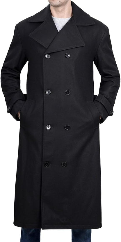 Men's Wool Trench Black Double Breasted Peacoat Winter Slim Fit Jacket Long Premium Overcoat