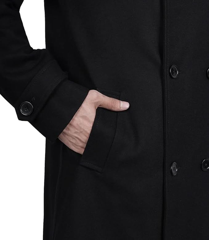 Men's Wool Trench Black Double Breasted Peacoat Winter Slim Fit Jacket Long Premium Overcoat