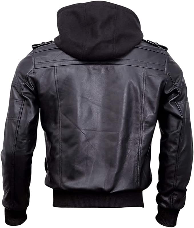 New Mens Genuine Hooded Bomber Lambskin Black Leather Jacket With Removable Hood