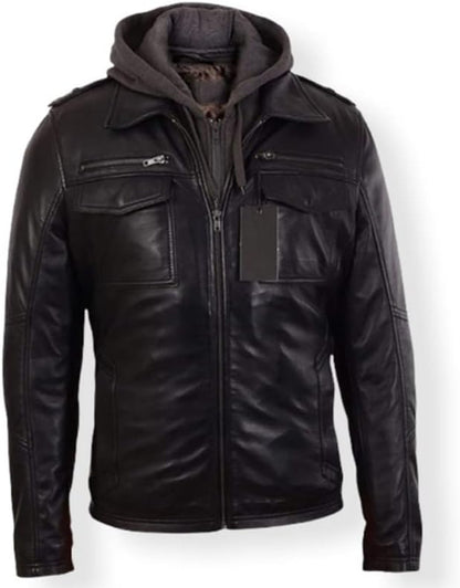 Mens Black Sheep Racer Leather Jacket With Hood