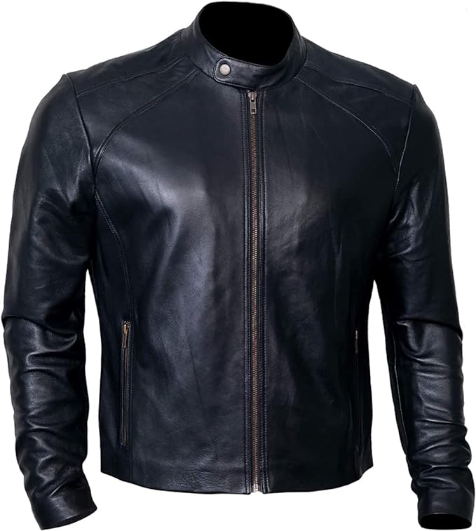 Mens Genuine Black Lambskin Leather Jacket Motorbike Coat