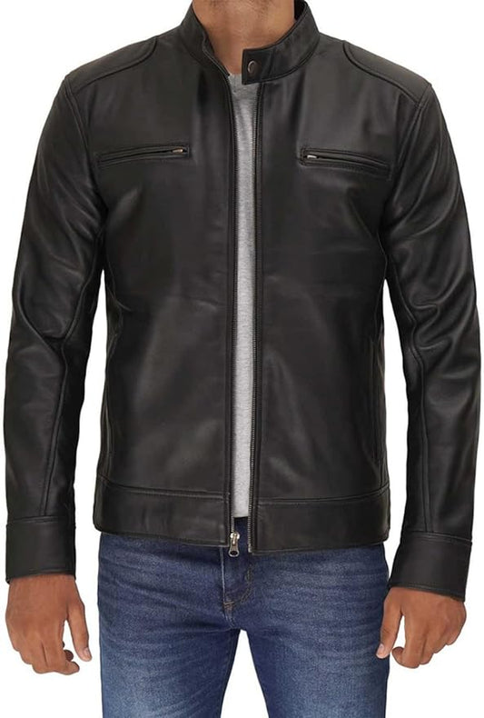 Mens Leather Jacket - Cafe Racer Style Real Lambskin Leather Jacket