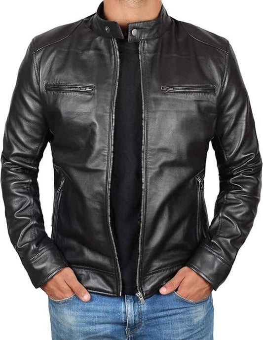 Men's Genuine Black Lambskin Motocycle Leather Jacket Racer Coat