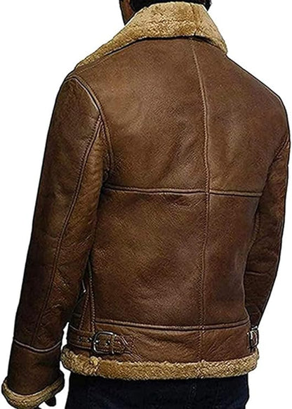 Mens Genuine Shearling Sheepskin Leather Bomber Flying Pilot Jacket