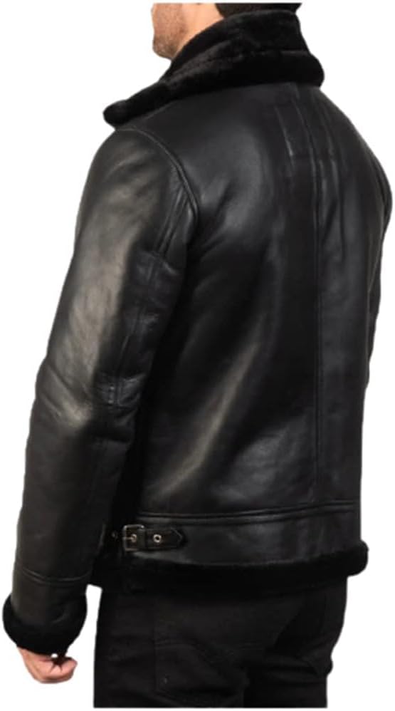 Mens Real Black Shearling Sheepskin Flying Bomber Aviator WW2 Winter Leather Jacket