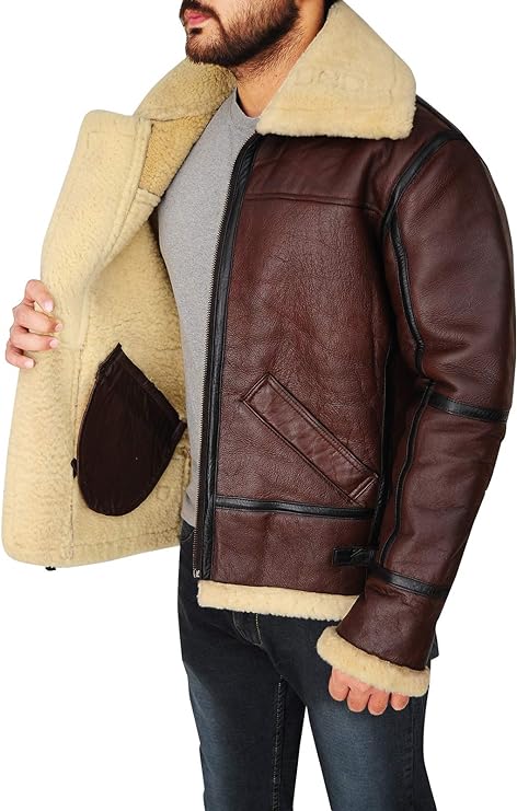 Mens Aviator Flying B3 Real Shearling Sheepskin Leather Bomber Jacket