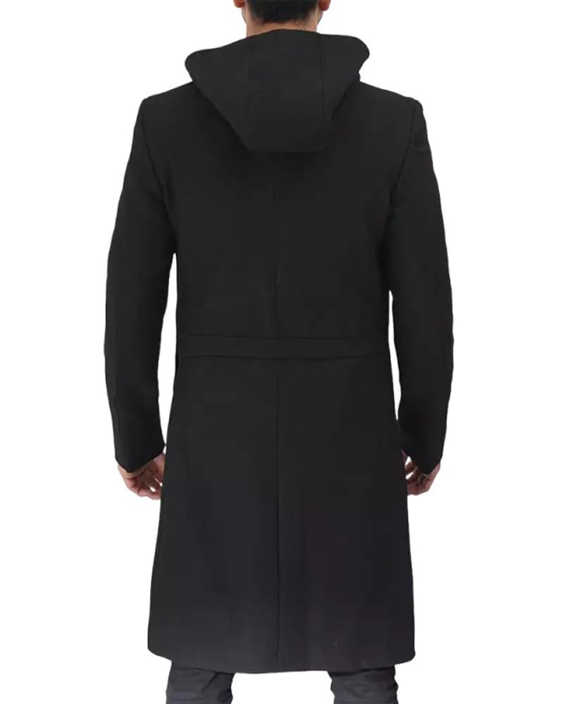 Men's Black Slim Fit Long Wool Trench Full-Front Zipper Coat With Hood Warm Premium Heavy Winter Overcoat