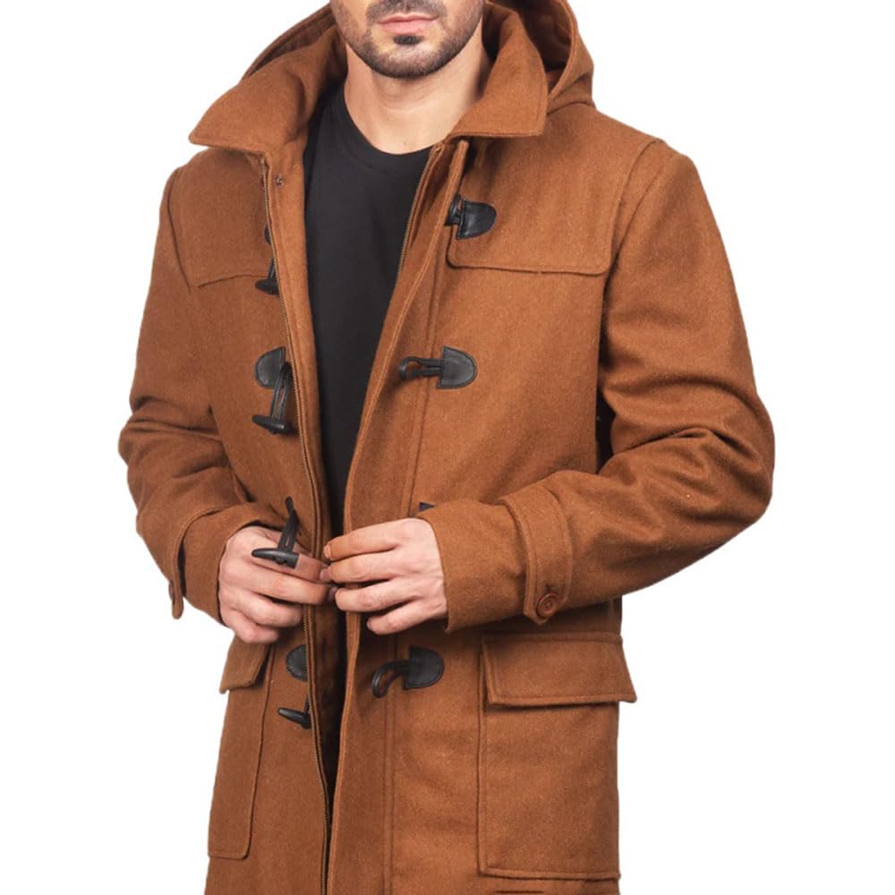 ZA Fashion Cloud Mens Brown Wool Hooded Duffle Long Coat Premium Toggle Buttons with Placket & Zipper Overcoat