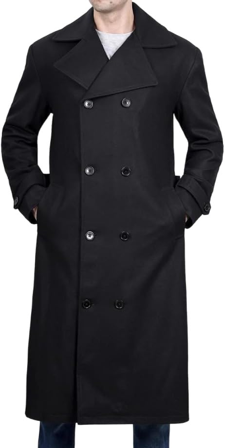 ZA Fashion Cloud Men's Premium Trench Black Double Breasted Peacoat Winter Slim Fit Wool Jacket Long Overcoat
