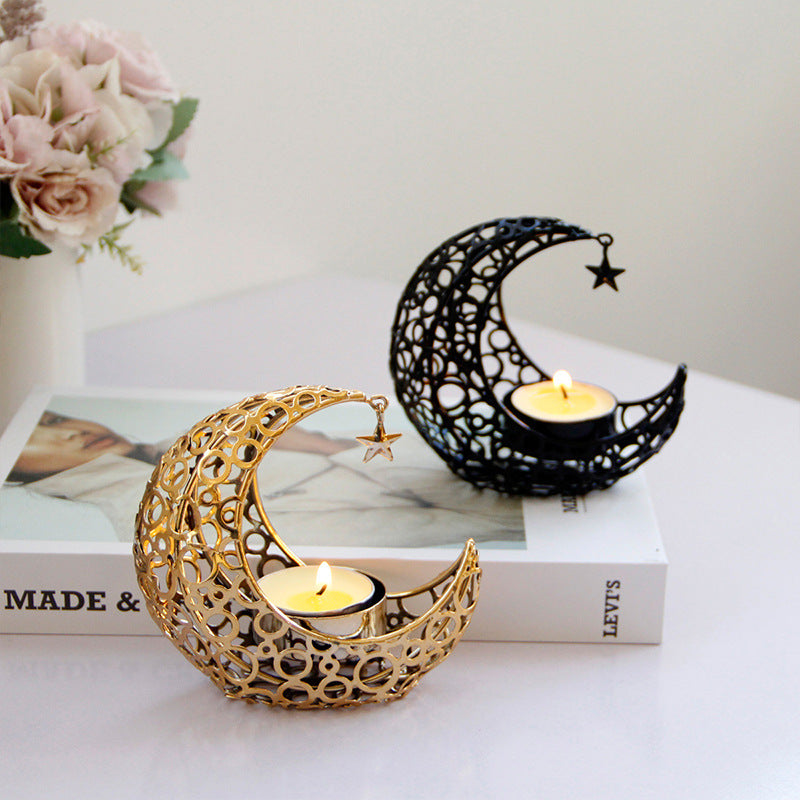 Crescent Moon Candle Holder – Gold & Black Metal Eid Ramadan Tealight Decor for Home & Wedding