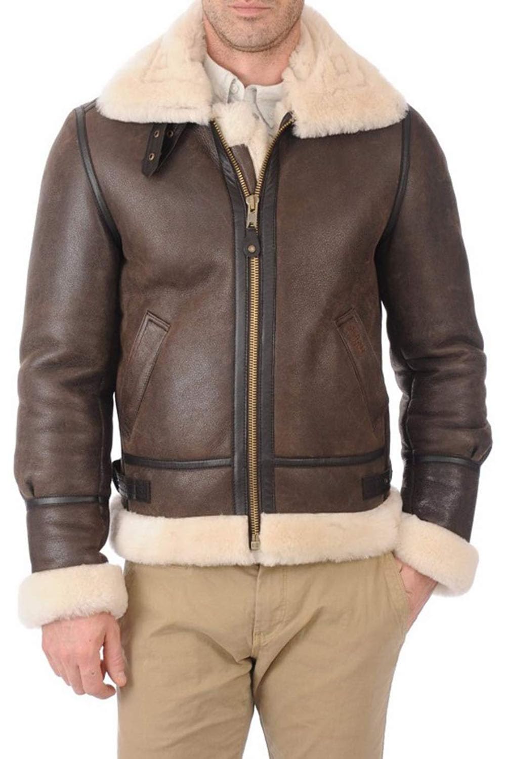 ZA Fashion Cloud Mens Genuine RAF B3 fur Bomber Leather Aviator Flight Sheepskin Shearling leather Jacket