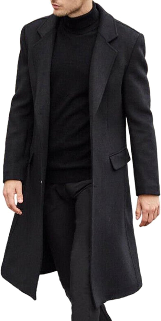 Men's Casual Trench Coat Slim Fit Notched Collar Long Jacket Overcoat Single Breasted with Pockets