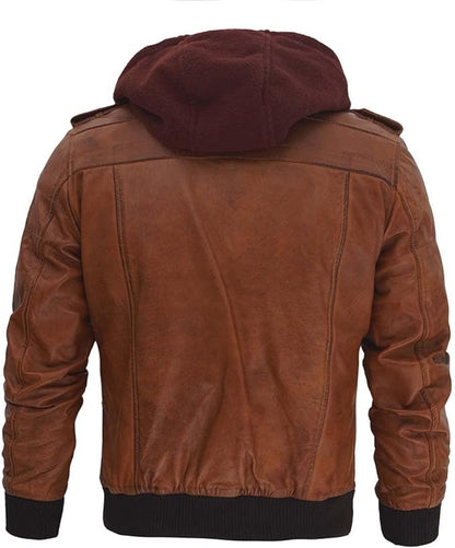 New Mens Genuine Brown Bomber Leather Jacket With Removable Hood