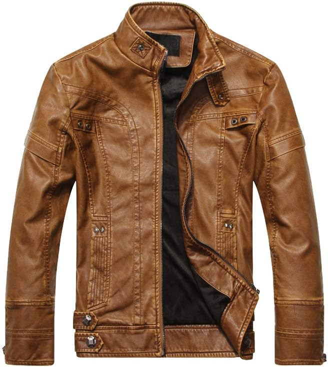 Men's Leather Jacket Vintage Stand Collar Motorcycle Slim Fit Genuine Lambskin All Season Outwear Classic Coat