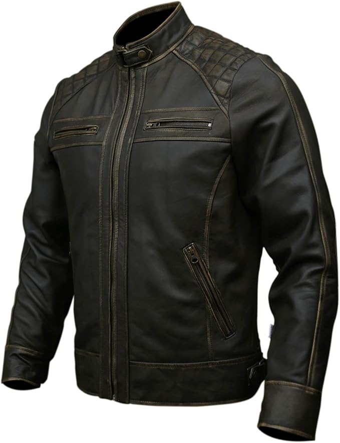 Mens Real Leather Biker Jacket Black | Vintage Brown Distressed Lambskin Motorcycle Racer Premium Coat