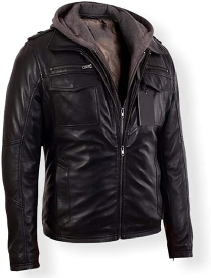 Mens Black Sheep Racer Leather Jacket With Hood