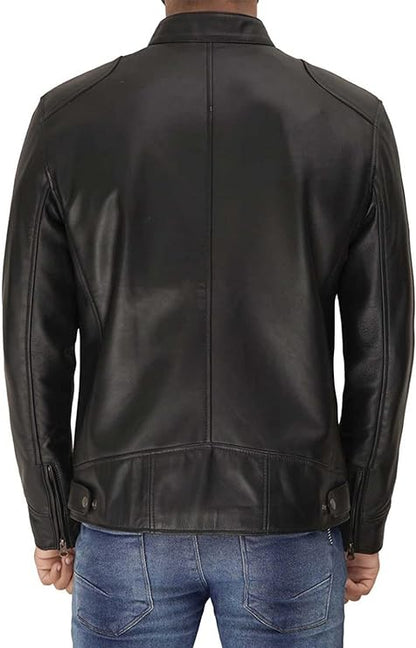 Mens Leather Jacket - Cafe Racer Style Real Lambskin Leather Jacket