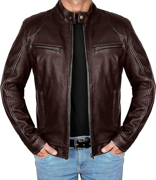 Mens Genuine Cafe Racer Rider Brown Motorcycle Sheepskin Leather Jacket