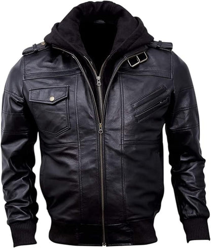 New Mens Genuine Hooded Bomber Lambskin Black Leather Jacket With Removable Hood