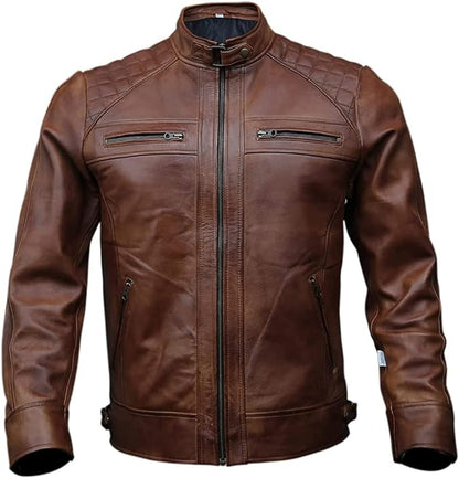 Mens Genuine Leather Biker Jacket Brown Distressed Lambskin Motorcycle Coat