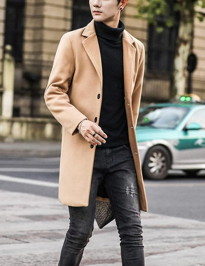 Men's Casual Wool Blend Pea Coat Notched Collar Single Breasted Long Overcoat Warm Winter Trench Coat