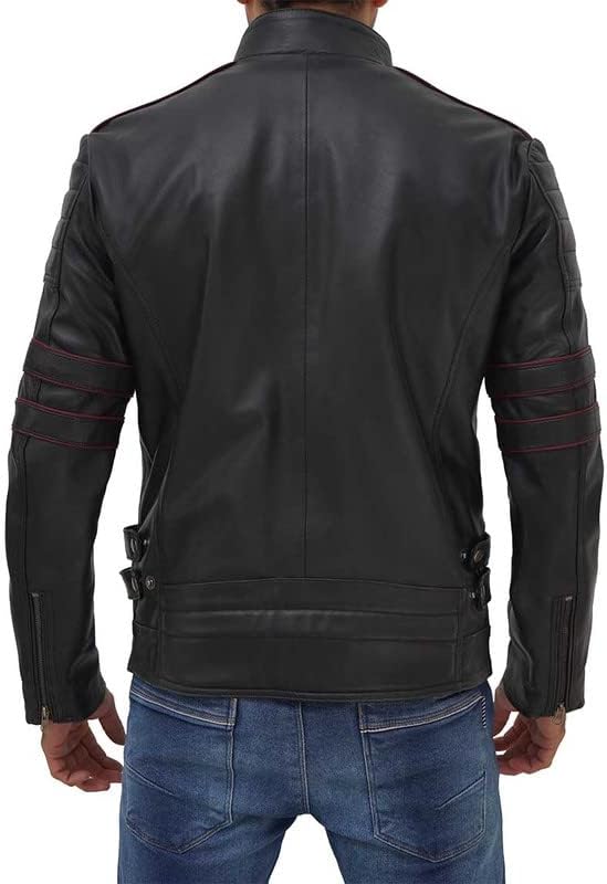 Men Real Biker Leather Lambskin Cafe Racer Black Jacket