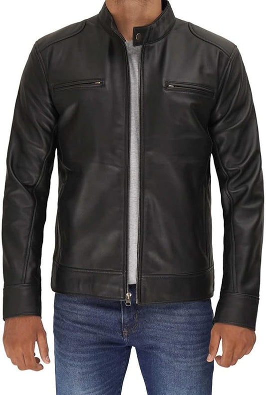 Genuine Black Cafe Racer Leather Jacket Lambskin Motorcycle Slim Fit All Season Outwear Jacket For Men