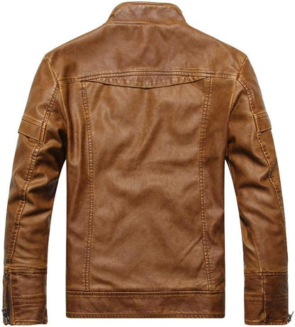 Men's Leather Jacket Vintage Stand Collar Motorcycle Slim Fit Genuine Lambskin All Season Outwear Classic Coat