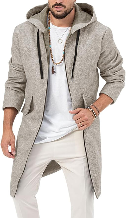 Men's Trench Coat Wool Blend Hoodie Long Jacket Full Zip Winter Classic Business Soft Warm Overcoat