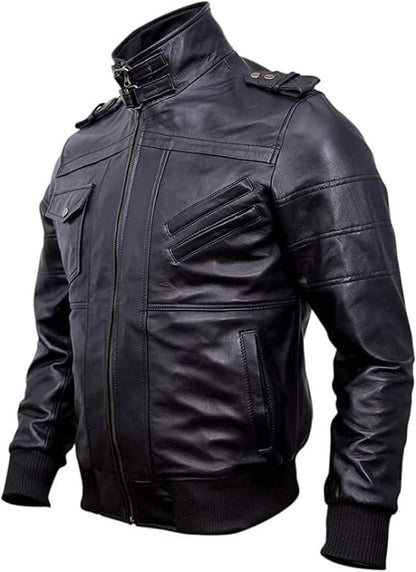 New Mens Genuine Hooded Bomber Lambskin Black Leather Jacket With Removable Hood