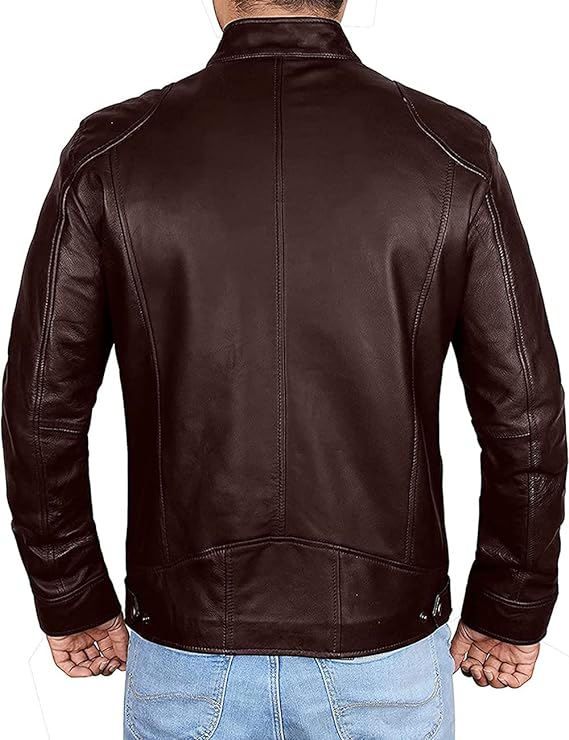 Mens Genuine Cafe Racer Rider Brown Motorcycle Sheepskin Leather Jacket