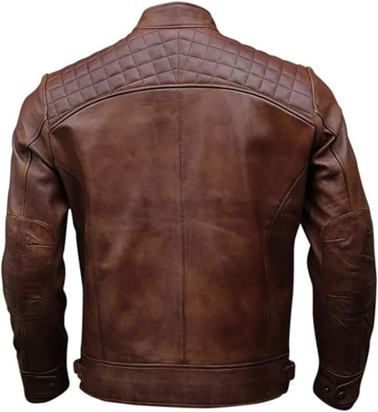 Mens Genuine Leather Biker Jacket Brown Distressed Lambskin Motorcycle Coat