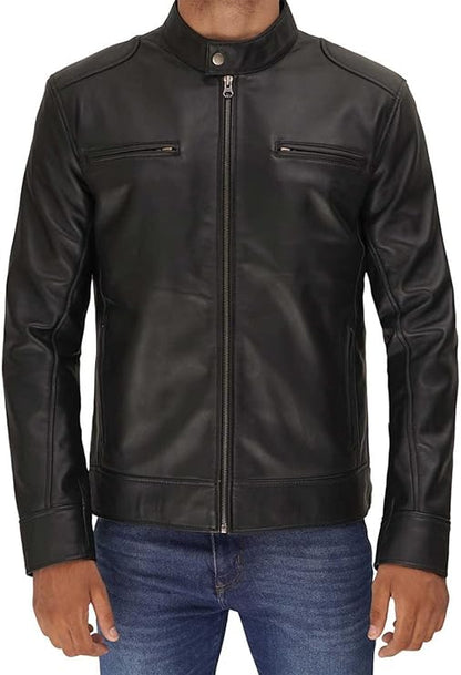 Mens Leather Jacket - Cafe Racer Style Real Lambskin Leather Jacket