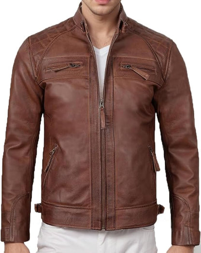 Men's VINTAGE Genuine Lambskin Motorcycle Jacket - All Season Premium Racer Slim Fit Biker Coat