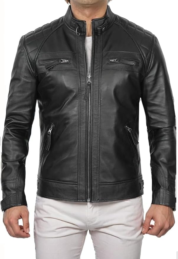 Men's VINTAGE Genuine Lambskin Motorcycle Jacket - All Season Premium Racer Slim Fit Biker Coat