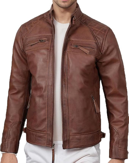 Men's VINTAGE Genuine Lambskin Motorcycle Jacket - All Season Premium Racer Slim Fit Biker Coat