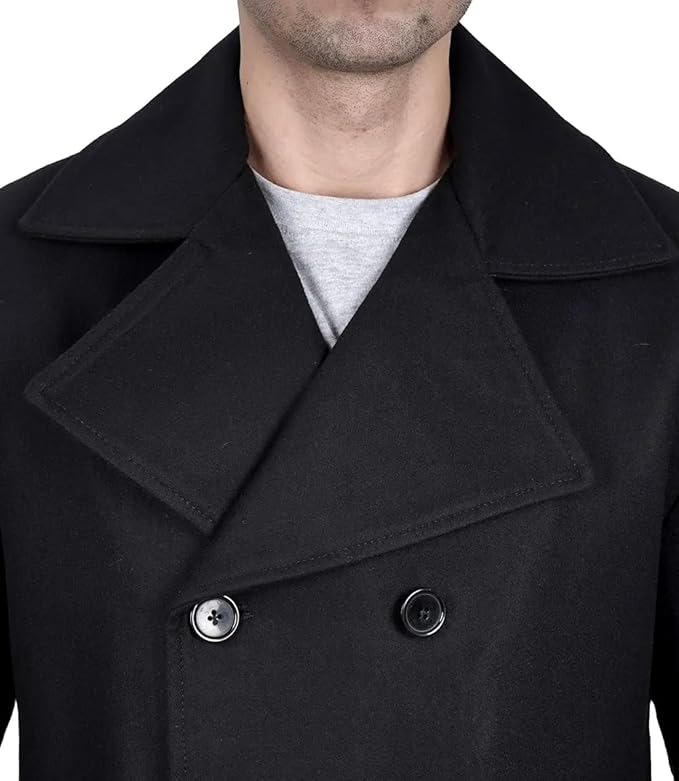 Men's Wool Trench Black Double Breasted Peacoat Winter Slim Fit Jacket Long Premium Overcoat