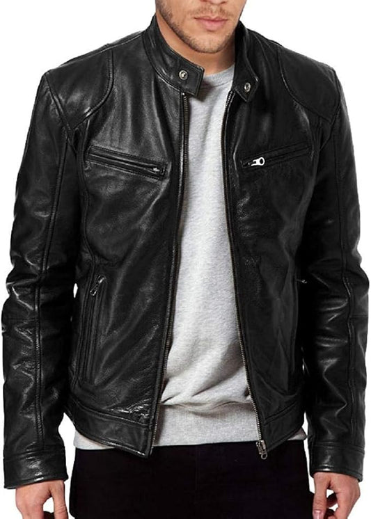 Men's Black Genuine Lambskin Vintage Leather Biker Jacket Motorcycle - Premium Jacket