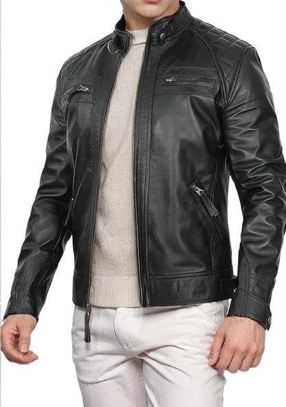 Men's VINTAGE Genuine Lambskin Motorcycle Jacket - All Season Premium Racer Slim Fit Biker Coat