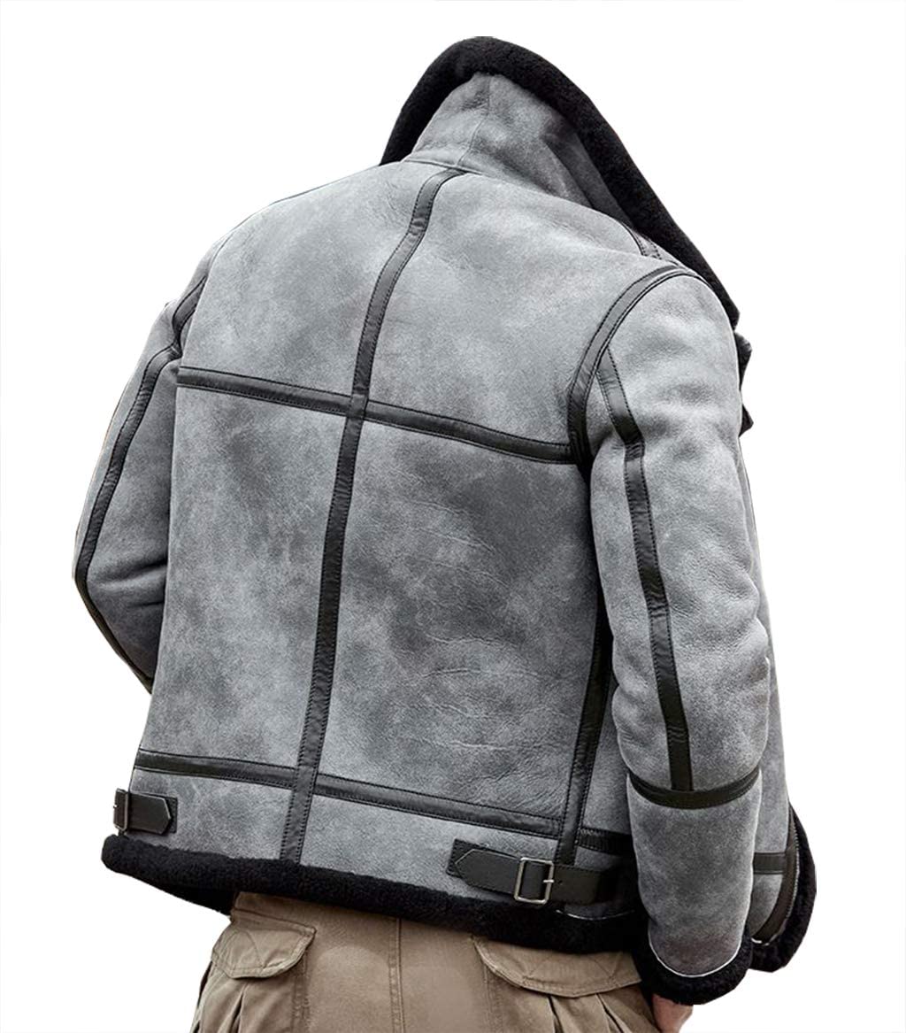 ZA Fashion Cloud B3 Distressed Sheepskin Shearling Flying Aviator Leather Bomber Fur Jacket