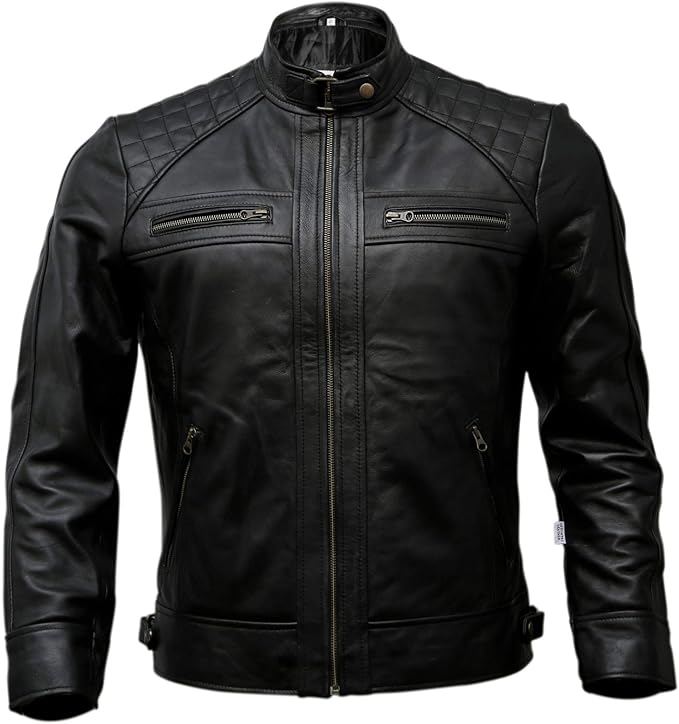 Mens Real Leather Biker Jacket Black | Vintage Brown Distressed Lambskin Motorcycle Racer Premium Coat